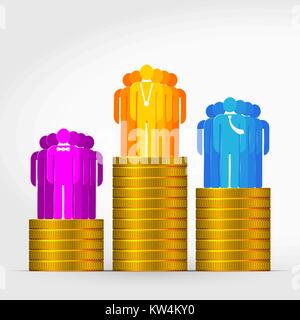 Three Teams of Winners standing at the Gold Coins Winning Podium with Tie, Bow Tie and Medal. Win, Success Concept Stock Vector