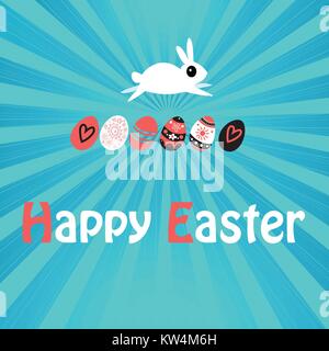 Greeting Easter card with rabbit and eggs on retro background Stock Vector
