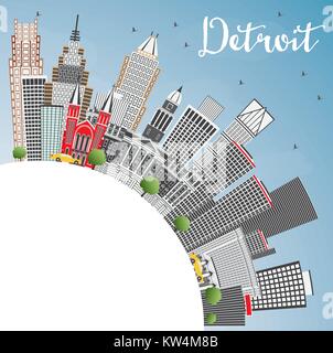 Detroit Michigan USA City Skyline with Gray Buildings, Blue Sky and Copy Space. Vector Illustration. Business Travel and Tourism Concept Stock Vector