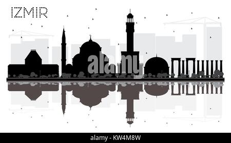 Izmir Turkey City Skyline Black and White Silhouette with Reflections. Business travel concept. Izmir Cityscape with Landmarks. Stock Vector