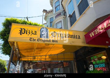 Signage for Pizza Orgasmica, a comically named pizza restaurant in the Cow Hollow neighborhood of San Francisco, California, August 28, 2016. Stock Photo