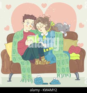 A Loving Couple Sitting on a Sofa under a Rug with a Cat Reading a Book at Heart-Shaped Background Stock Vector