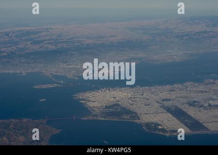 The San Francisco Bay Area is seen from the airplane carrying US Secretary of State John Kerry from Andrews Air Force Base in Camp Springs, Maryland, to Moffett Field in Mountain View, California, June 22, 2016. Image courtesy US Department of State. Stock Photo