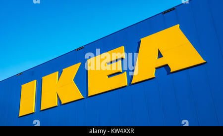 The Ikea store Logo. IKEA is the world's largest furniture retailer and sells ready to assemble furniture. Founded in Sweden in 1943. Stock Photo