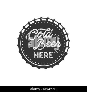 Vintage style beer badge. Ink stamp monochrome design. Cold beer here sign. Letterpress effect for t shirt printing, logotype, signage. Vector isolated on white background. Monochrome Stock Vector