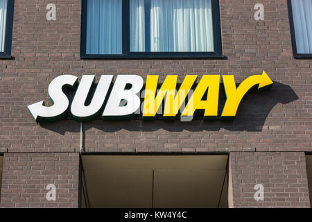 Subway fast food restaurant sign. Subway is an American fast food franchise offering sub sandwiches and salads. Stock Photo