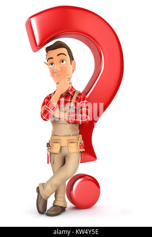 3d handyman leaning back against question mark, illustration with isolated white background Stock Photo