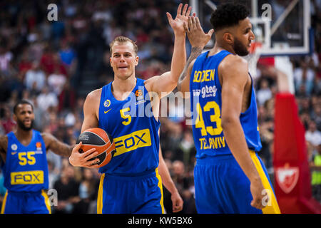 Forward Johan Bolden of Maccabi Fox Tel Aviv and Forward Michael Roll of Maccabi Fox Tel Aviv react during the match Stock Photo