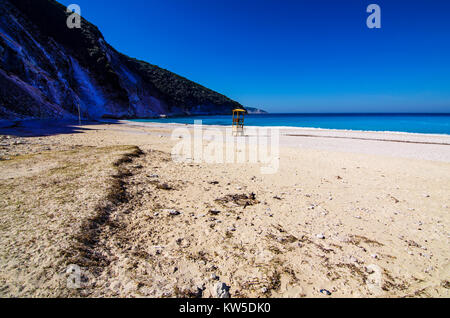 Panoramic view of the famous myrtos beach with lifeguard box its turquoise waters and the mountains that surround it kefalonia Stock Photo