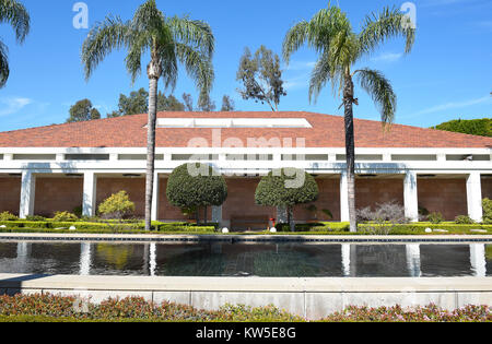 YORBA LINDA, CALIFORNIA - FEBRUARY 24, 2017: Reflecting Pool and the Theater and Museum Building at the Nixon Library and Birthplace. Stock Photo