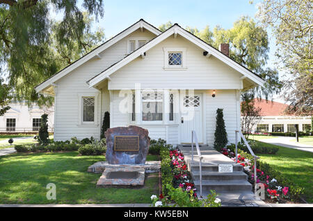 YORBA LINDA, CALIFORNIA - FEBRUARY 24, 2017: Richard Nixon Birthplace. The home is on the grounds of the Presidential Library and is the final resting Stock Photo