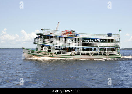 One of the  riverboats on the Amazon used mostly for local transportation. Near Manaus, Brazil. South America Stock Photo