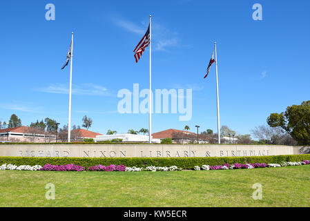 YORBA LINDA, CALIFORNIA - FEBRUARY 24, 2017: Sign at the Richard Nixon Library and Birthplace. The presidential library and museum and final resting p Stock Photo