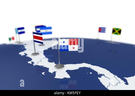 Panama flag. Country flag with chrome flagpole on the world map with neighbors countries borders. 3d illustration rendering flag Stock Photo