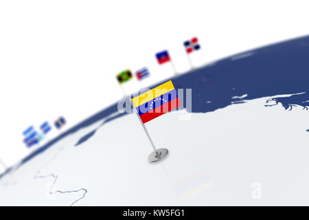 Venezuela flag. Country flag with chrome flagpole on the world map with neighbors countries borders. 3d illustration rendering flag Stock Photo