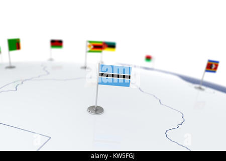 Botswana flag. Country flag with chrome flagpole on the world map with ...