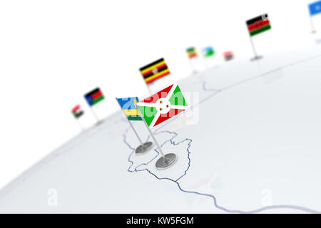 Burundi flag. Country flag with chrome flagpole on the world map with neighbors countries borders. 3d illustration rendering flag Stock Photo