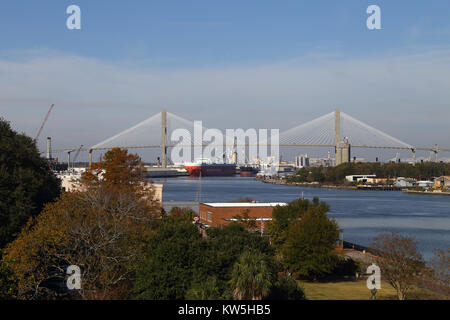 View of the port of Savannah Georgia and Talmadge Memorial bridge. Stock Photo