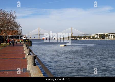 View of the port of Savannah Georgia and Talmadge Memorial bridge. Stock Photo