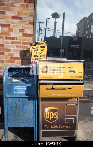 Mail box and a UPS box, drop off pint, South Lake Union, Seattle, Washington, USA Stock Photo