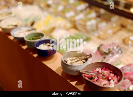 Japanese pickled radish Tsukemono food samples on store display in Kyoto, Japan Stock Photo