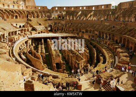 The interior of one of the wonders of the world the Roman Colosseum in Rome Italy.