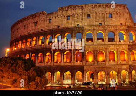 The Roman Colosseum at nighttime in the Eternal city of Rome.