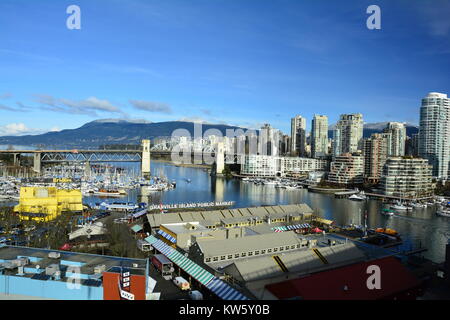 Vancouver BC skyline along with False Creek and Granville Island. Stock Photo