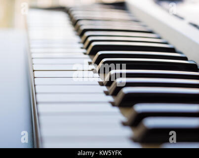 An electronic keyboard is in a bright room placed next to an open window. This is a bright image with the focus being on the keyboards ivory keys. Stock Photo