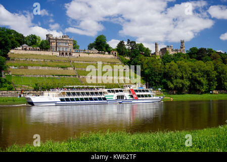 Dresden, drawing room ship under Lingnerschloss and castle Corner mountain, Salonschiff unter Lingnerschloss und Schloss Eckberg Stock Photo