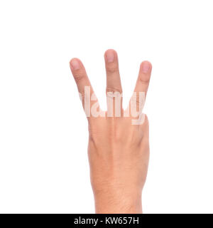 Male hand is showing three fingers isolated on white background with clipping path. Stock Photo
