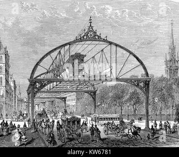 Dr. R.H. Gilbert project of a covered atmospheric elevated railway for New York City transit. Proposed in 1872 but never built, vintage engraving Stock Photo