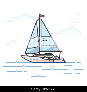Modern sail yacht in the sea. Trendy line vector illustration. Big boat on water. Oceanic ship traveling concept. Water transport. Stock Vector