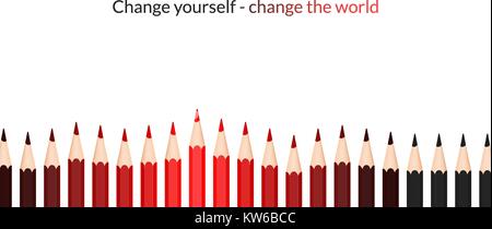 Change yourself - change the world motivational text illustration. Pencil background Stock Vector