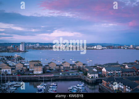 Early twilight blue overview across Cardiff Bay Cardiff Wales Stock Photo