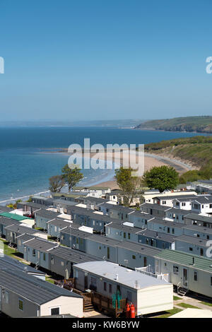 Holiday caravan park and coast line New Quay Ceredigion Wales Stock Photo