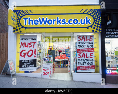 The Works stationery and discount shop in Bishop's Stortford Hertfordshire UK with winter sale signs in the shiop window Stock Photo