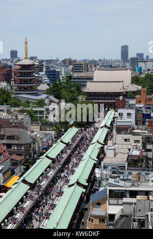 Tokyo - Japan, June 19, 2017; Aerial view of the  Nakamise Shopping Street to the Senso ji Temple in Asakusa Stock Photo