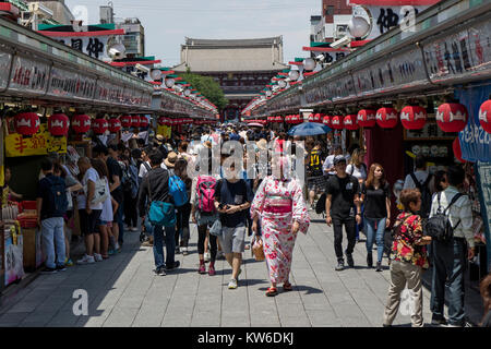 Tokyo - Japan, June 19, 2017; The approach from Kaminarimon Gate to Hozomon Gate is Nakamise dori, shopping street to the Senso-ji temple in Asakusa Stock Photo