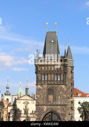 Prague, Czech Republic - August 23, 2016: Ancient Tower on Charles Bridge Stock Photo