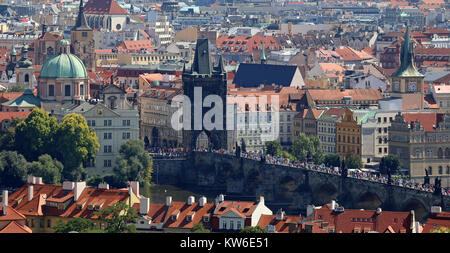 Prague, Czech Republic - August 24, 2016: Panoramic view with Charles Bridge over Vltava river Stock Photo