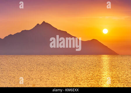 Sunrise over Mount Athos, Halkidiki or Chalkidiki, Greece Stock Photo