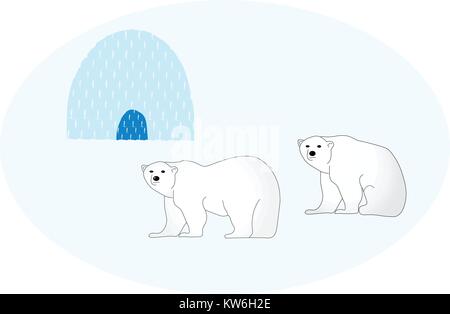 Illustrated pair of polar bears, one standing and one sitting, on blue with igloo. Stock Vector