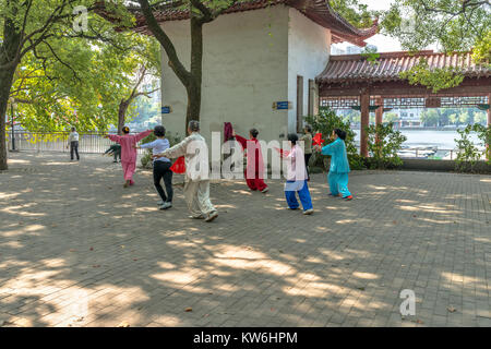 Tai Chi in City Park - A group of seniors practicing Tai Chi exercises in a city park, Nanchang, Jianxi, China. Stock Photo