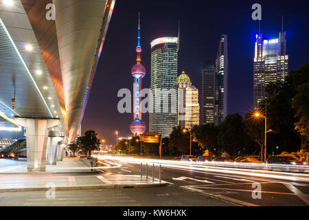 Night Street of Shanghai Lujiazui - A night view of busy and colorful street at center of Lujiazui financial district in Shanghai, China. Stock Photo