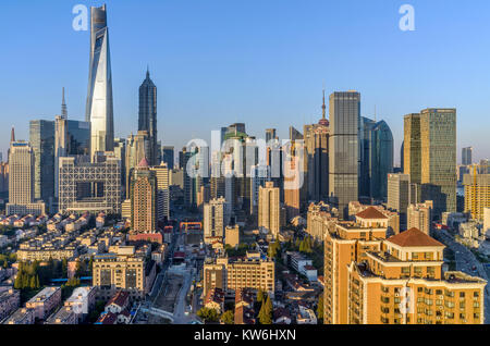 Good Morning Shanghai - A panoramic view of early morning sun shinning on modern skyline of Lujiazui in a clear sunny autumn morning, Shanghai, China. Stock Photo