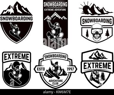 Set of snowboarding club emblems. Design element for logo, label, emblem, sign. Vector illustration Stock Vector