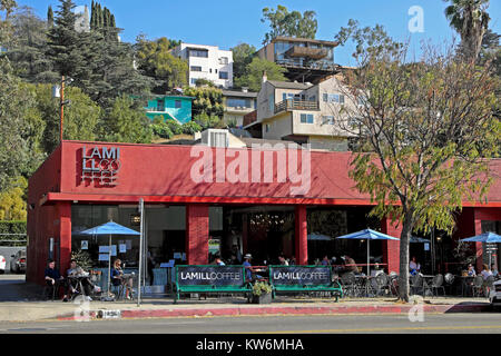 People sitting at outside tables drinking beverages at LAMILL COFFEE & tea restaurant on Silver Lake Blvd in Los Angeles California USA  KATHY DEWITT Stock Photo