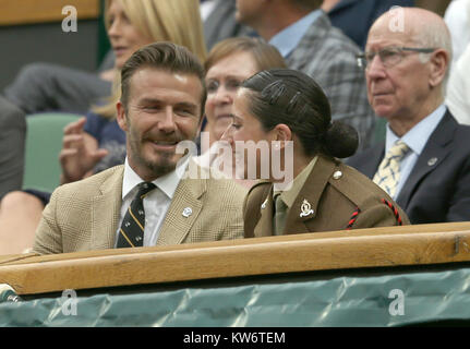 LONDON, ENGLAND - JUNE 28: David Beckham attends the Mikhail Kuskushkin v Rafael Nadal match on centre court during day six of the Wimbledon Championships at Wimbledon on June 28, 2014 in London, England.   People:  David Beckham Stock Photo