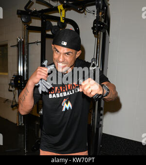MIAMI, FL - AUGUST 19: (EXCLUSIVE COVERAGE) UFC Fighter Vitor Belfort pays a visit to his Miami Marlin friends and grabs a quick Haircut at Headzup with the Marlins Barber Hugo “Juice” Tandron prior to their game at Marlins Park. Vitor Vieira Belfort is a Brazilian mixed martial artist and former UFC Light Heavyweight Champion as well as UFC 12 Heavyweight Tournament Champion. Belfort was born in Rio de Janeiro and studied jiu-jitsu with the Gracie family, namely Carlson Gracie. As of July 22, 2014, he is #2 in official UFC middleweight rankings, #13 in light heavyweight and #12 pound-for-poun Stock Photo